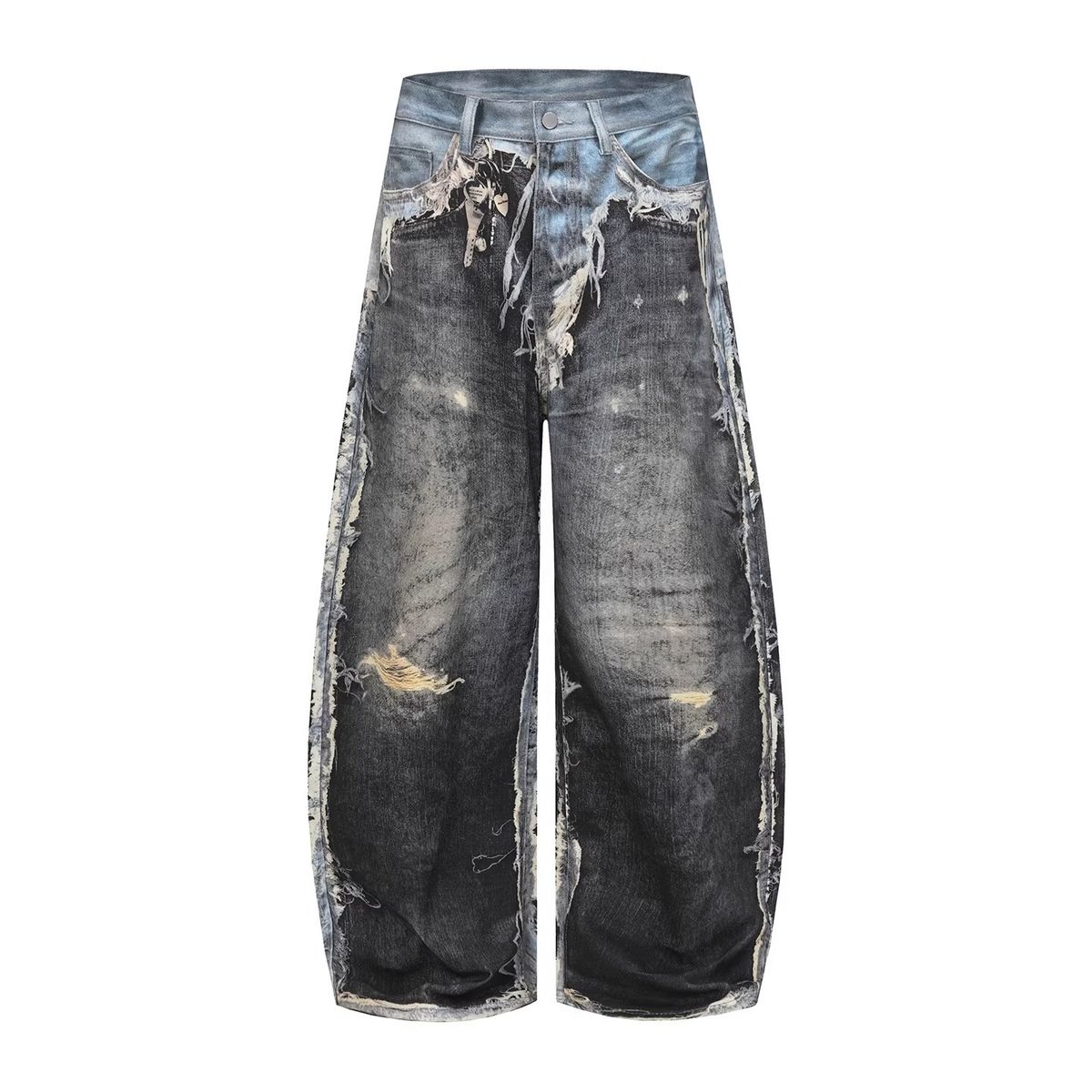 Men's Clothing Unisex Heavy Duty Distressed Patchwork Ripped Scimitar Jeans Style Loose Wide Leg Trendy 3D Printed Floor Length_mkmklike.com