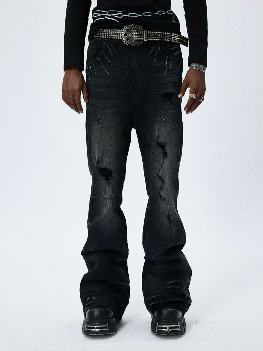 Men's Clothing Straight Leg Long Pants Flared Jeans Retro Flared Jeans For Men – Classic High-Street Denim (Black, XL-3XL, Zip Fly, Stretch Comfort)_mkmklike.com