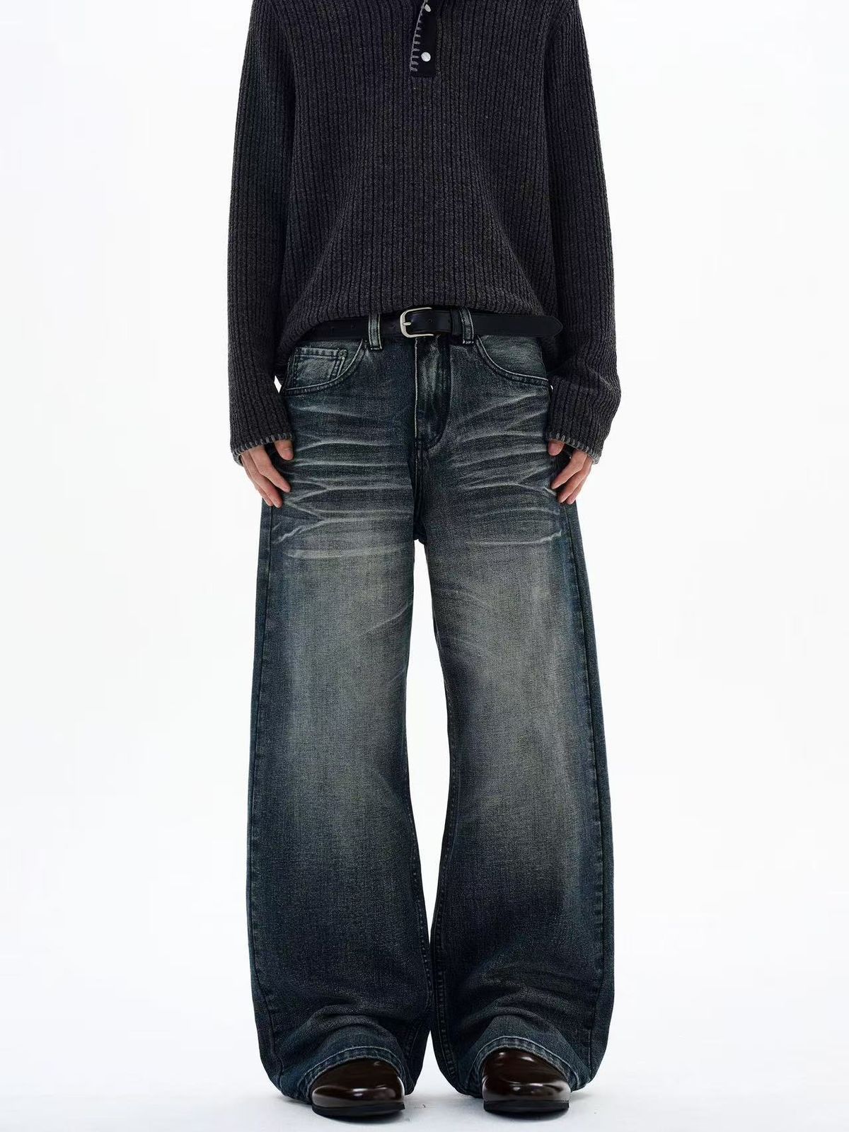 Men's & Women's High Street Vintage Blue Clean Fit Jeans – Straight Leg, Relaxed Fit, Cat Whisker Wash, Urban Streetwear Style_mkmklike.com