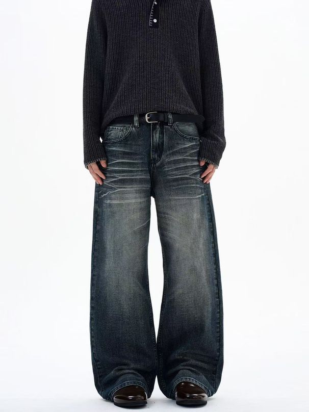 Men's & Women's High Street Vintage Blue Clean Fit Jeans – Straight Leg, Relaxed Fit, Cat Whisker Wash, Urban Streetwear Style_mkmklike.com