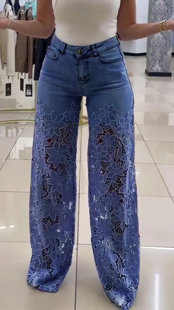 High Waist Wide Leg Jeans With Lace Trim – Lightweight Stretch Denim Pants For Women | Flowy & Elegant_mkmklike.com