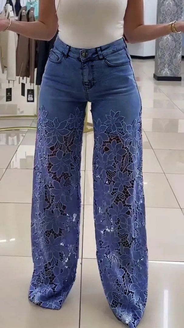 High Waist Wide Leg Jeans With Lace Trim – Lightweight Stretch Denim Pants For Women | Flowy & Elegant_mkmklike.com