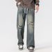 Men's American Retro Relaxed Fit Ripped Drawstring Jeans Loose Straight Leg Wide Leg Casual Trousers New Summer Style_mkmklike.com