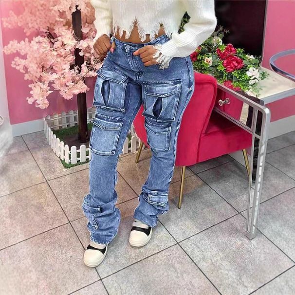 European And American Cross-Border Denim Ins Hot-Selling Elastic Stacked Workwear Women's Flared Pants_mkmklike.com