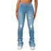 Women's Clothing High Waist Layered Denim Flared Pants Trendy Slim Fit Ripped Slimming Ladies Straight Barrel Pants_mkmklike.com