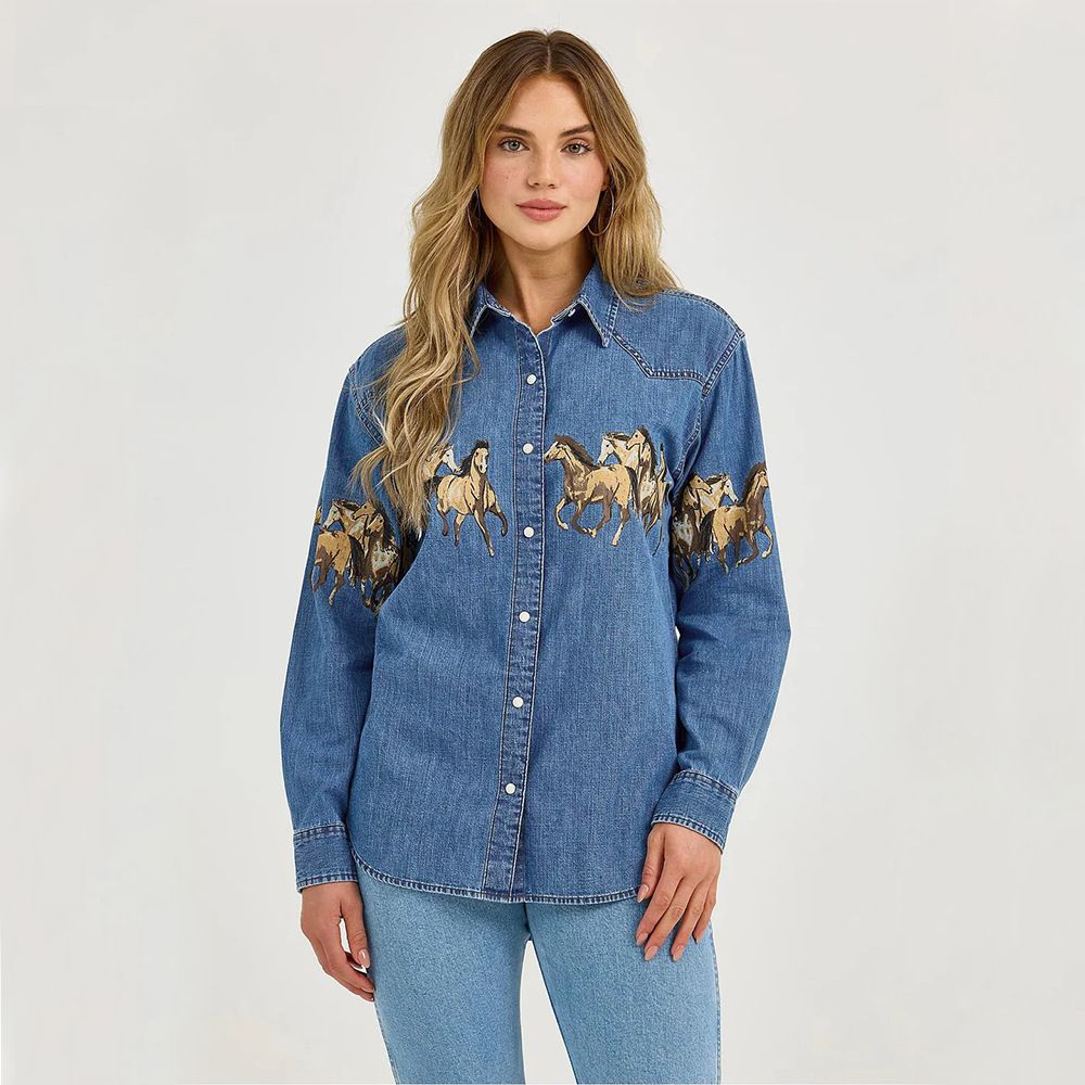 Retro Denim Shirt With Wild Horse Print - Vintage Western Cowboy Style Jacket For Men & Women (S-2XL, Blue)_mkmklike.com