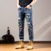 Trendy Patched Ripped Jeans For Men Stretchy Slim Fit Korean Style Fashionable Embroidered Trousers_mkmklike.com