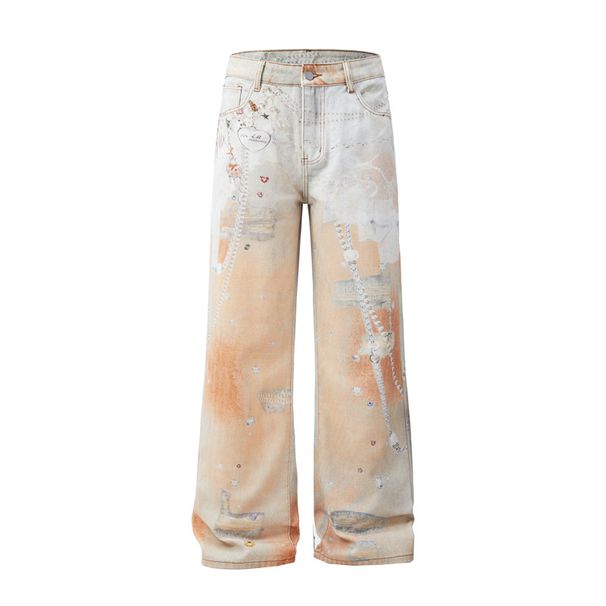 Men's Color Gradient Jeans Distressed Spray Paint Graffiti Loose Straight Leg Wide Leg Trendy Casual Pants_mkmklike.com
