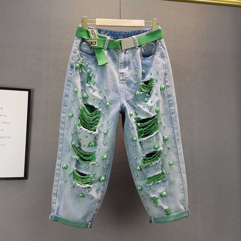 Women's Clothing New Loose High Waist Slimming Heavy Industry Pearl Ripped Beggar Jeans Women's Trendy Pants_mkmklike.com