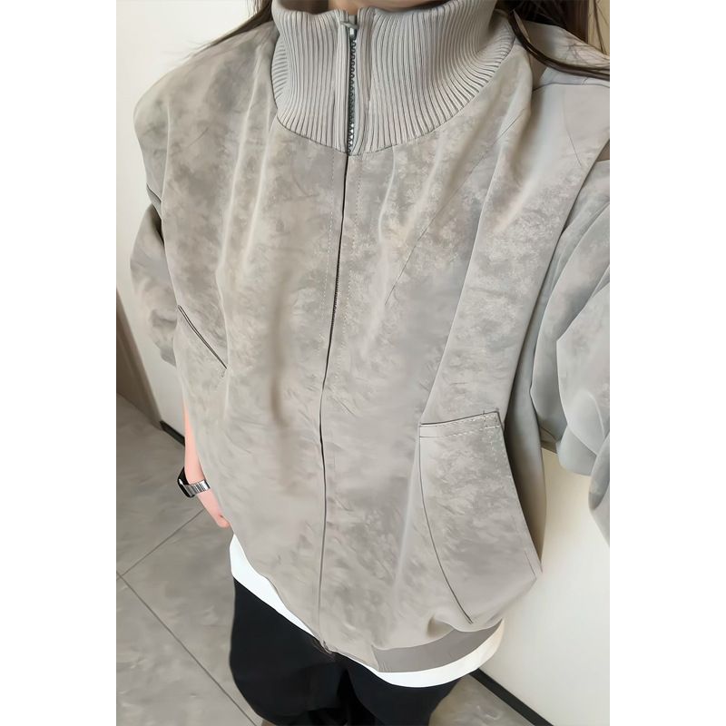 Gray Tie-Dye PU Leather For Men, Autumn American Retro Boxy Fit Coat, Stylish Stand Collar Workwear Baseball Jacket_mkmklike.com
