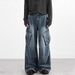 Trendy High Street Washed Denim Cargo Men's Multi-Pocket Design Wrinkled Vintage Loose Wide-Leg Pants_mkmklike.com
