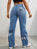 Distressed Butterfly Print High Waist Straight Leg Jeans For Women - Fashion Denim Pants With Contrast Stitching, Comfort Stretch Fit_mkmklike.com