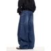 Cross-border American Retro Large-pocket Scythe Jeans For Women, Loose-fitting, Floor-length, Wide-leg, Blue, Casual_mkmklike.com