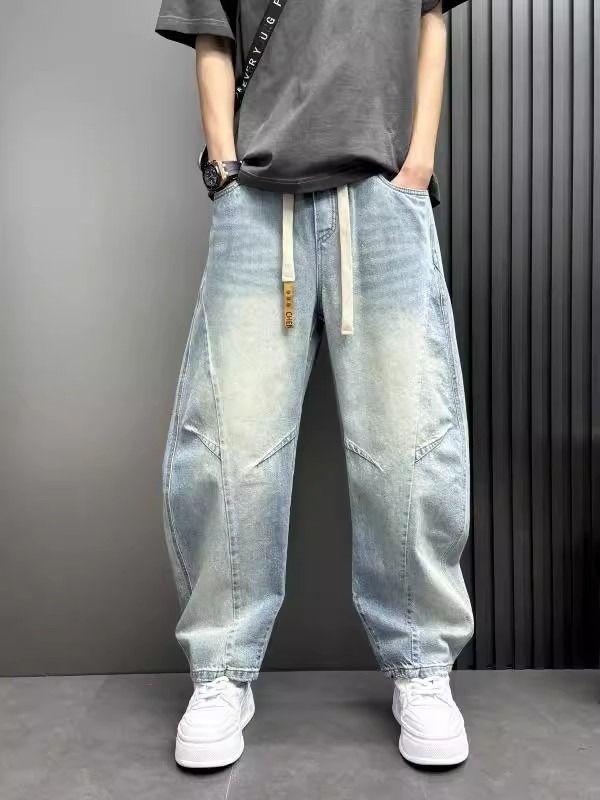 Men's Light Blue Straight Leg Loose Fit Jeans High Street Style Fashion Retro Elastic Waistband Trendy Versatile_mkmklike.com