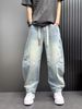 Men's Light Blue Straight Leg Loose Fit Jeans High Street Style Fashion Retro Elastic Waistband Trendy Versatile_mkmklike.com