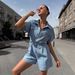 Women's Denim Jumpsuit Summer Short Sleeve High Waist Retro Style Stretch Comfortable Straight Leg Romper"_mkmklike.com