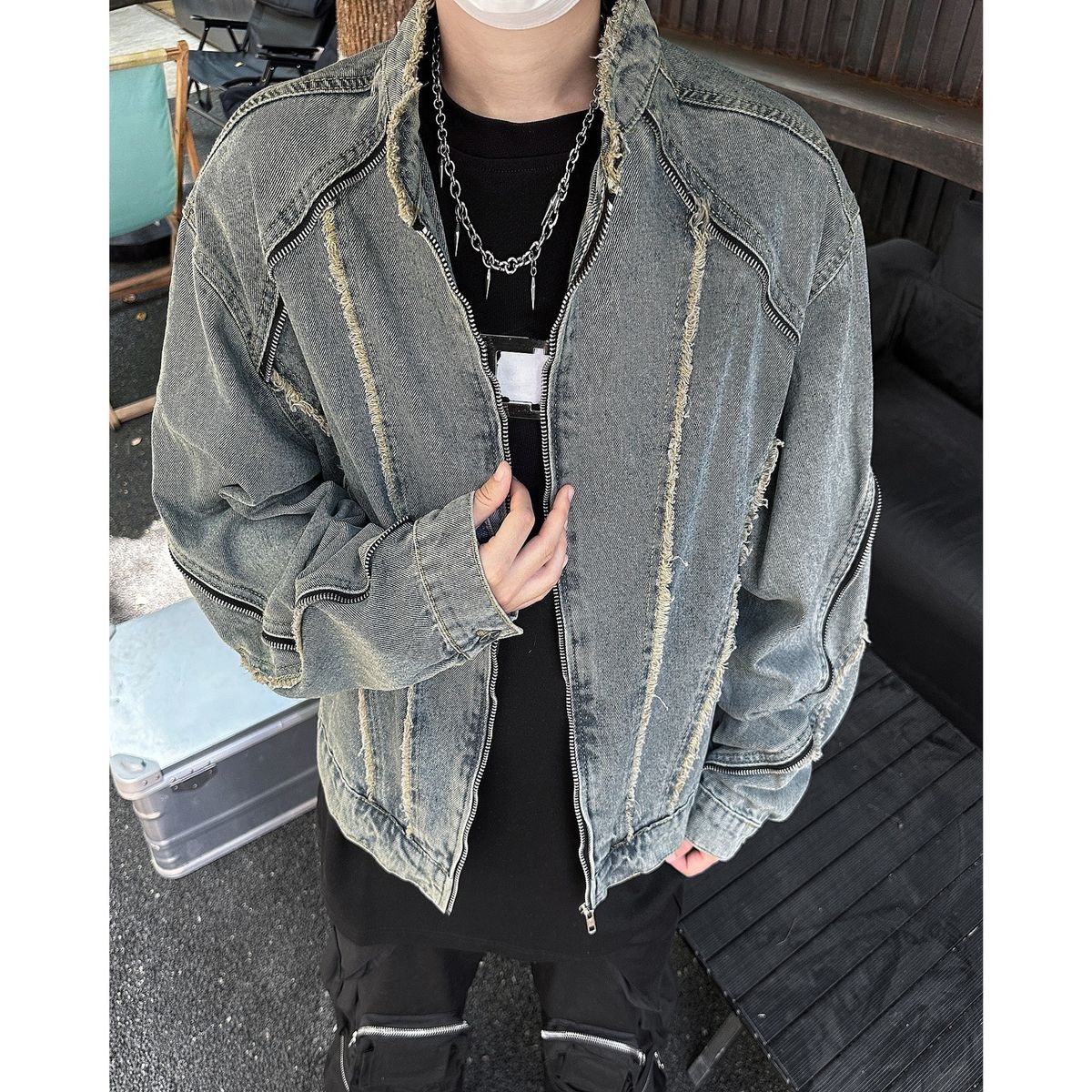 Men's Clothing Deconstructed Raw Edge Washed Denim Jacket For Men Spring And Autumn Short Motorcycle Style Stand Collar Handsome Jacket_mkmklike.com