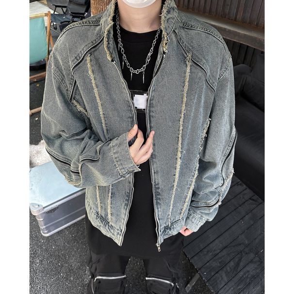 Men's Clothing Deconstructed Raw Edge Washed Denim Jacket For Men Spring And Autumn Short Motorcycle Style Stand Collar Handsome Jacket_mkmklike.com