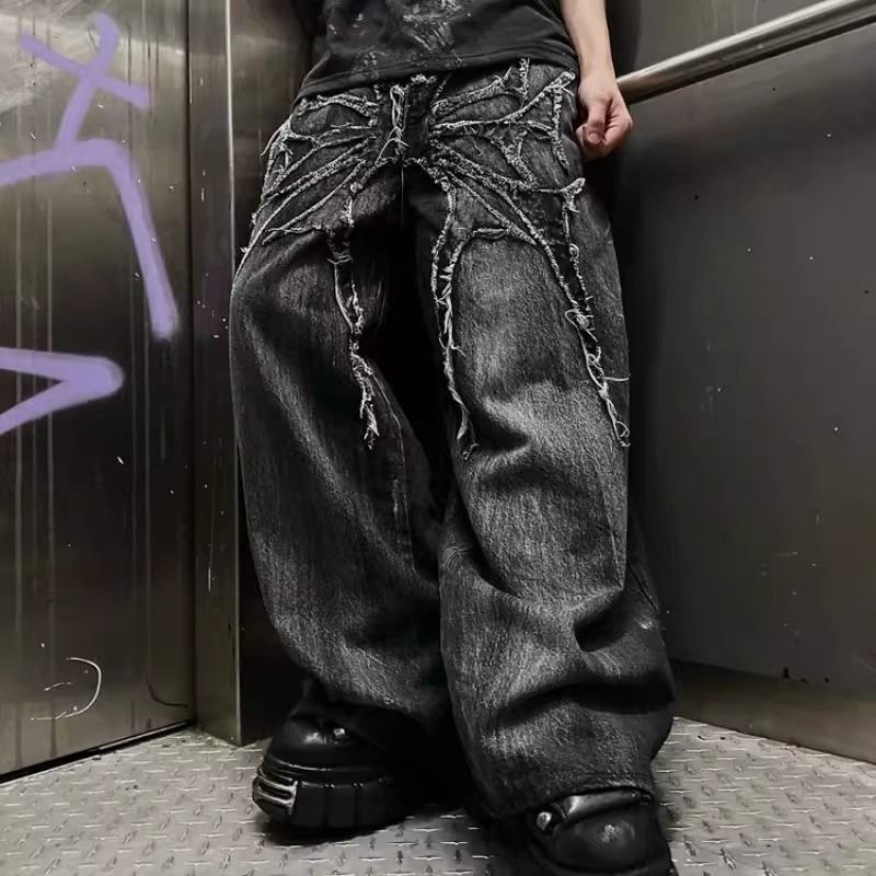 Men's Clothing Street Style Lightning Bolt Jeans, Washed And Unique Street Retro Tie Dye Loose Straight Leg Trousers_mkmklike.com