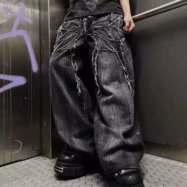 Men's Clothing Street Style Lightning Bolt Jeans, Washed And Unique Street Retro Tie Dye Loose Straight Leg Trousers_mkmklike.com