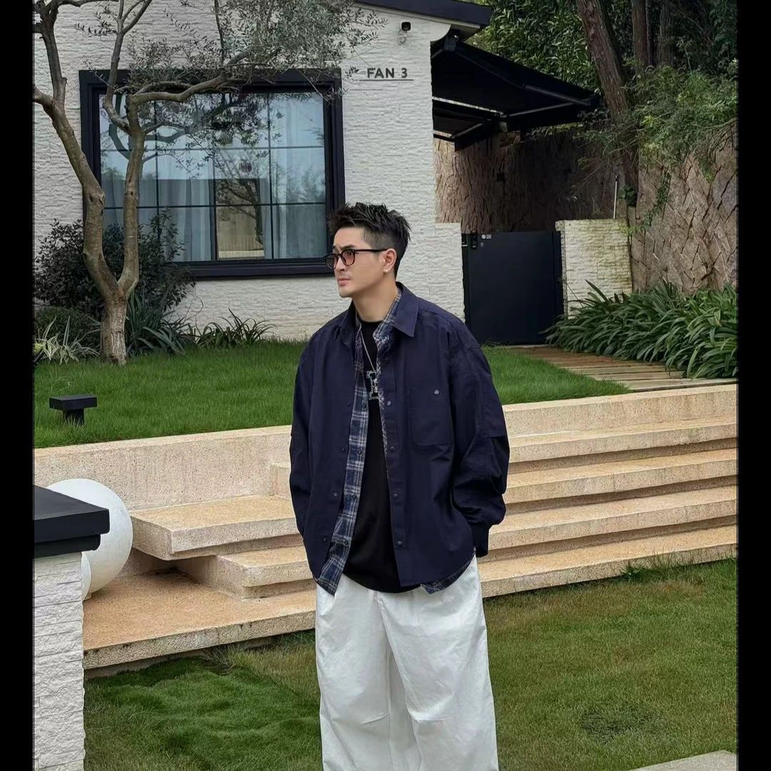 Autumn Trendy Two-Piece Turn-Down Collar Shirt Men's Fashion Design Loose Versatile Casual Jacket Coat_mkmklike.com