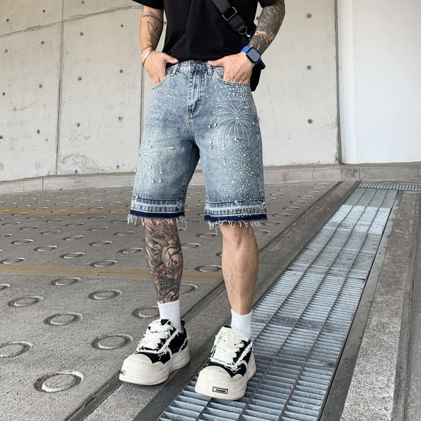 Men's Clothing American High Street Personality Black Summer New Trendy Casual Shorts Men's Heavy Diamond Denim Shorts Men_mkmklike.com
