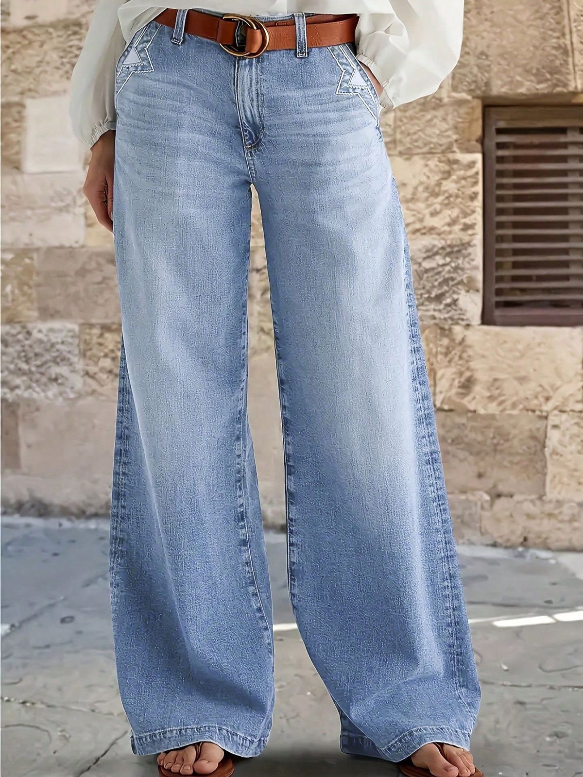 mid Rise Stretch Wide Leg Jeans for Women Casual Cotton Denim with Front And Back Pockets European And American Style_mkmklike.com