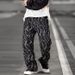 Men's Clothing Men's Trendy Loose Fitting Lightning Patterned Dirty Jeans Straight Leg Wide Leg Pants American High Street Jacquard Jeans_mkmklike.com