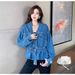 Slim Waist V-Neck Denim Jacket 2024 Spring Autumn Korean Style Beaded Loose Fit Boyfriend Top for Women Fashionable Versatile_mkmklike.com