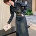 ELLE In Stock New Fashion Casual Retro Color Mid-Length Denim Dress Spring Autumn Belt Super Fairy_mkmklike.com