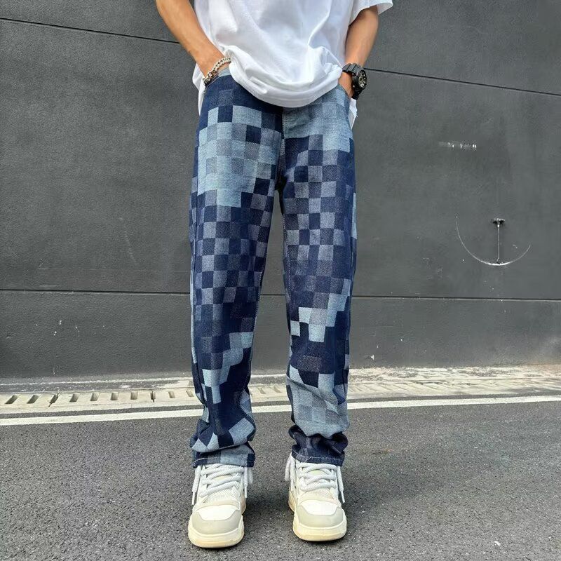 Men's Clothing Checkerboard jeans men's four seasons mosaic straight pants loose casual trousers high street trousers_mkmklike.com