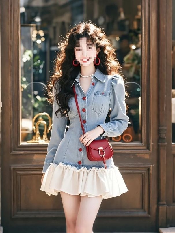 ELLE ELLE Spring This Year's Super Popular Short Skirt Looks Amazing Elegant Rich Girl Style Denim Patchwork Dress_mkmklike.com