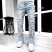 Men's Straight Fit Denim Jeans Stretch Washed Patchwork Casual Pants For Streetwear & Urban Style_mkmklike.com