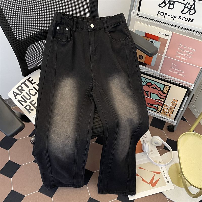 Men's Vintage Washed Black Relaxed Straight-Leg Jeans – Retro Wide Fit With Subtle Flare For Streetwear & Casual Looks (Sizes S-3XL)_mkmklike.com