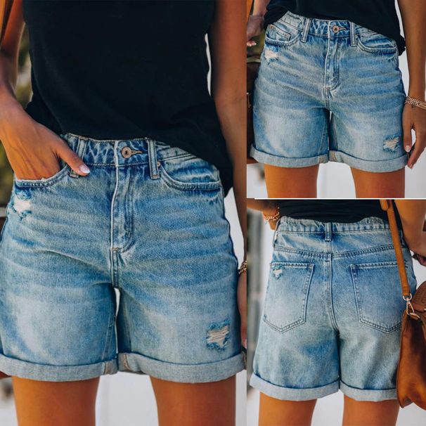 Women's Clothing Casual Washed Denim Shorts Straight Leg Pants Torn Hole Design Polyester Fiber Shorts_mkmklike.com