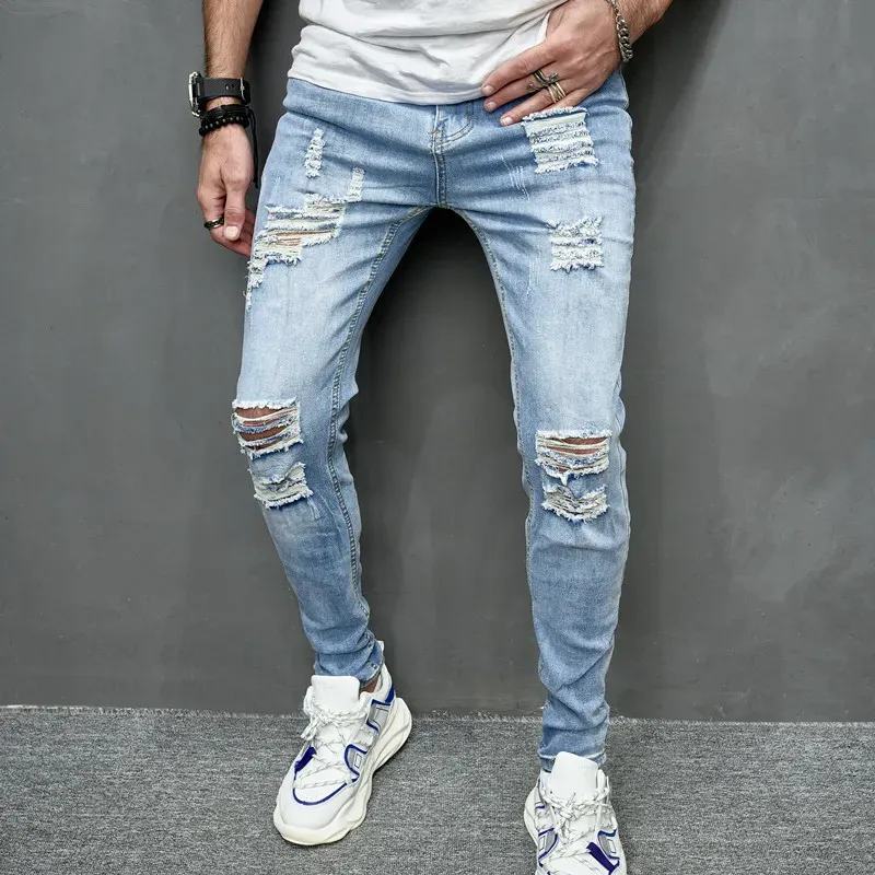 2025 Neue Stil Männer Personalisierte Zerrissene Einfarbig Dünne Jeans Stretch Little Foot Streetwear Motorrad Denim Hosen Männlich_mkmklike.com