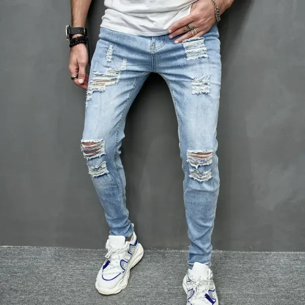 2025 Neue Stil Männer Personalisierte Zerrissene Einfarbig Dünne Jeans Stretch Little Foot Streetwear Motorrad Denim Hosen Männlich_mkmklike.com