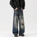 LKTM Men's Wear # Washed Pierced Jeans For Men And Women's Trendy High Street Dirty Straight Down Pants Ab6_mkmklike.com