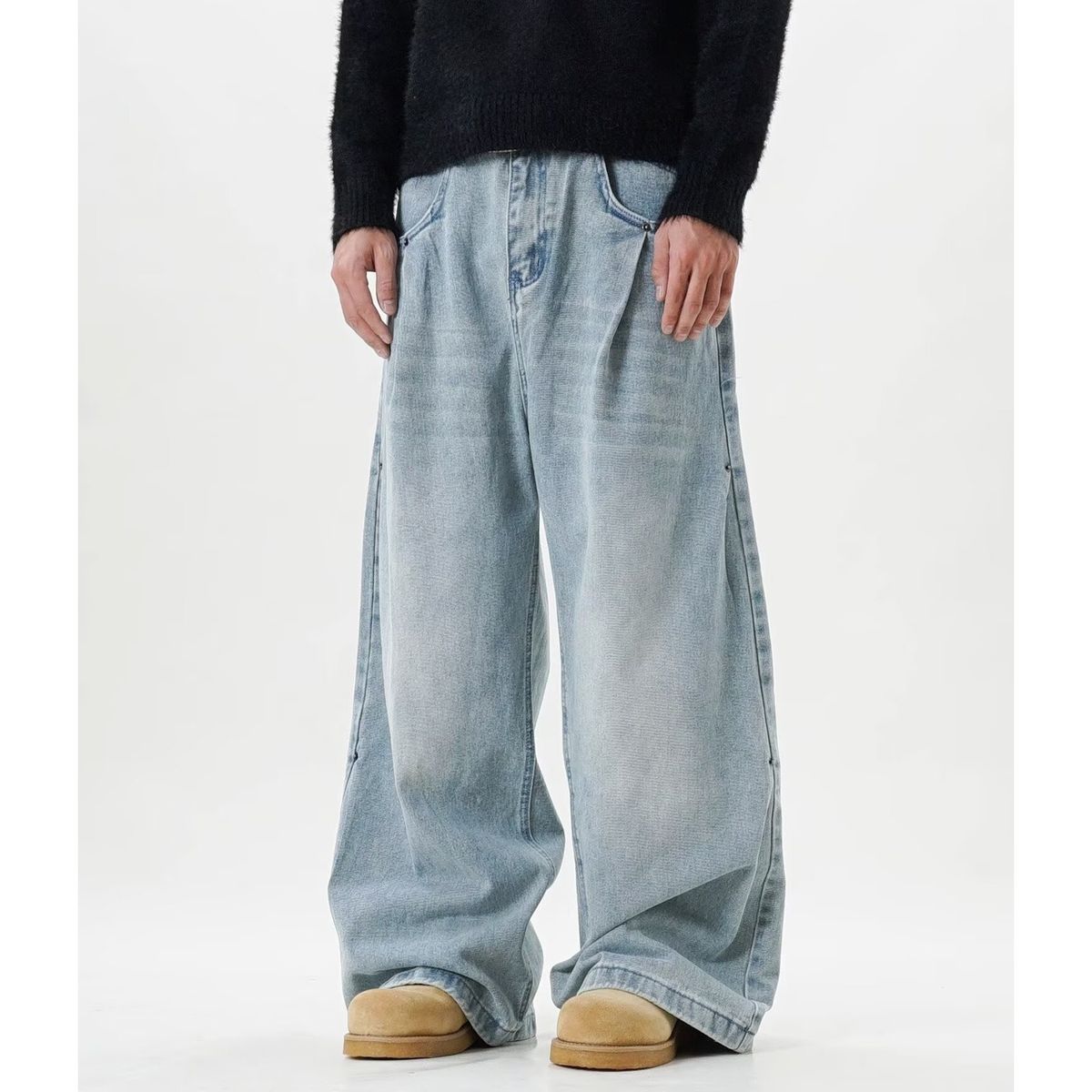 Men's Clothing American Retro Pleated Washed Blue Scimitar Jeans Simple Trend Lazy Japanese Style Ins Popular New Style_mkmklike.com