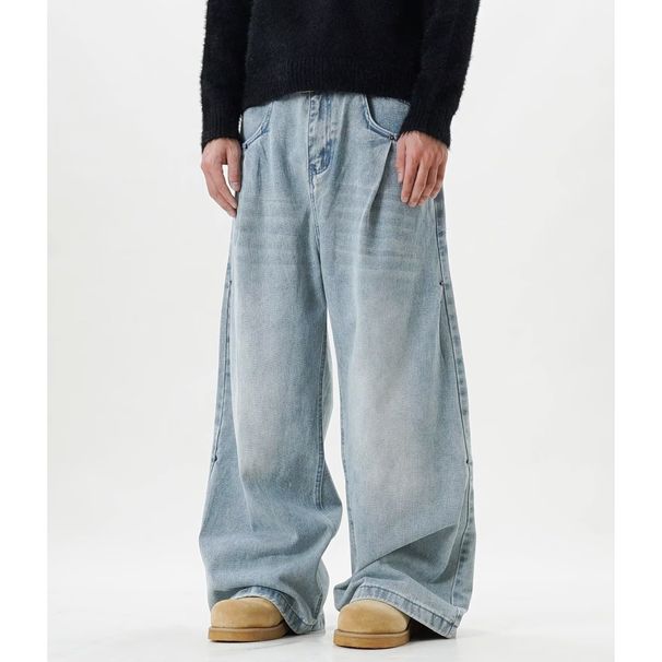 Men's Clothing American Retro Pleated Washed Blue Scimitar Jeans Simple Trend Lazy Japanese Style Ins Popular New Style_mkmklike.com