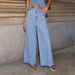 European And American Fashion New Women's Denim Two Piece Set Button Sleeveless Waistcoat Vest + Wide-leg Jeans Denim Suit Fashion_mkmklike.com