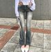 Slim Fit Black Wash Flared Jeans For Women – Vintage-Inspired High Waist, Stretch Denim With Distressed Hem Detailing_mkmklike.com