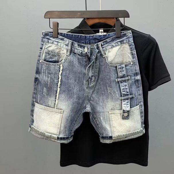 Men's Clothing Denim Shorts Men Summer Loose Trendy Print Contrast Color Multi Pocket Workwear Casual Shorts Men's Mid Length Pants_mkmklike.com