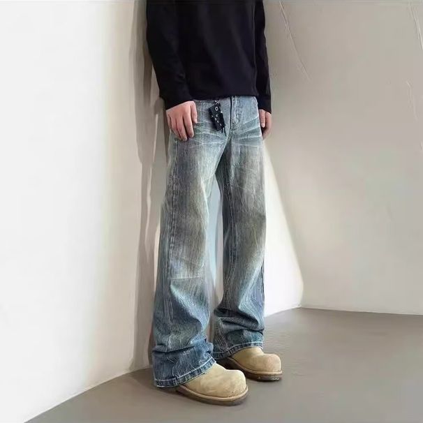 Men's Vintage Washed Blue Jeans – Retro Whisker & Bamboo Pattern, Loose Straight Fit For Casual Style_mkmklike.com