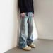 Men's Vintage Washed Blue Jeans – Retro Whisker & Bamboo Pattern, Loose Straight Fit For Casual Style_mkmklike.com
