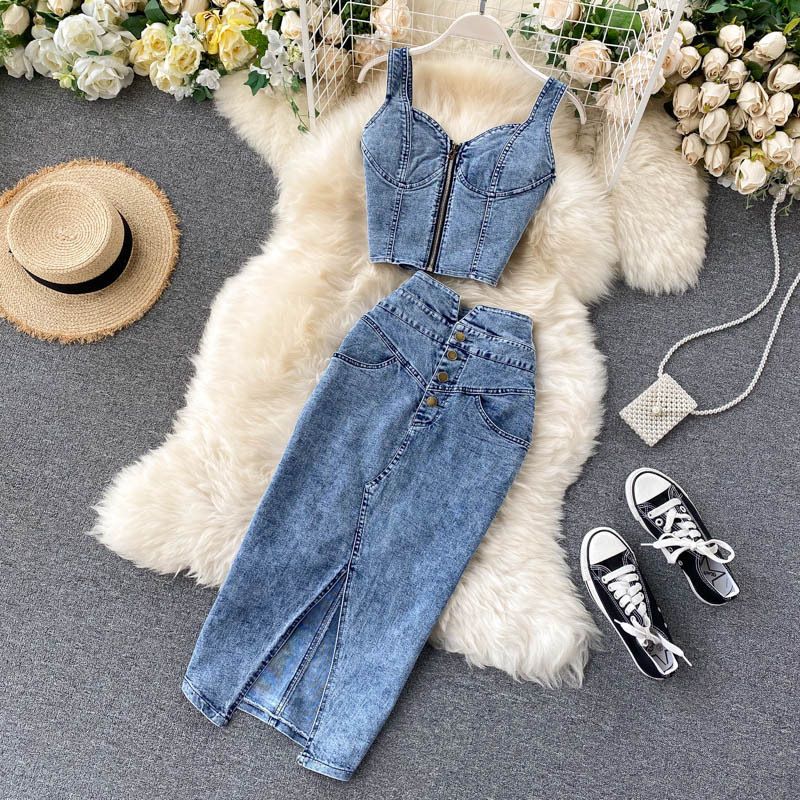 Women's fashion halter tank top high waisted denim skirt_mkmklike.com