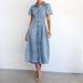 Women's Clothing Puff Sleeves Short Sleeves Distressed Casual Style Shirt Denim Long Dress_mkmklike.com