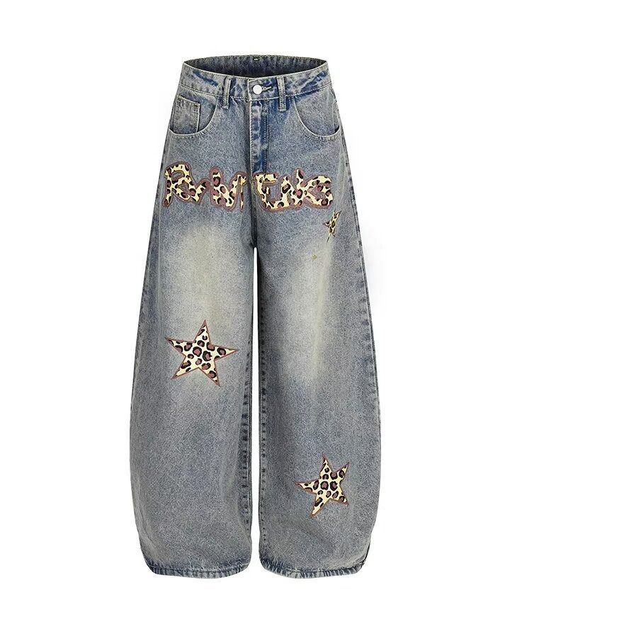 Retro High-Waist Flared Jeans – Leopard Print & Sickle Cut For Unisex Streetwear (Sizes S-XXXL)_mkmklike.com