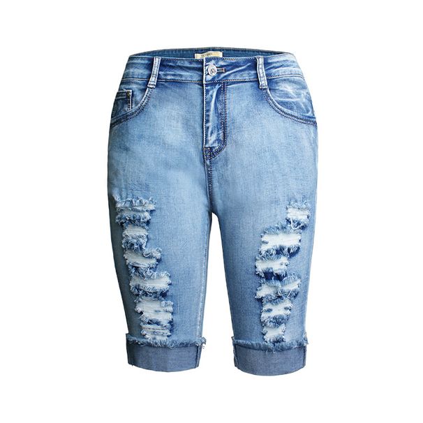 Women's clothing stretch wash ground cut hem women's denim capri pants high waist ripped jeans women_mkmklike.com