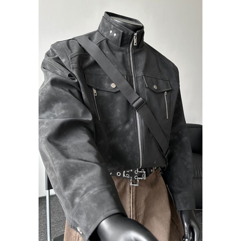 American Retro Workwear Leather Jacket For Men, Spring Cleanfit Flight Stylish Stand-up Collar Baseball Jacket, Trendy_mkmklike.com